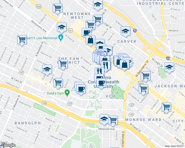map of restaurants, bars, coffee shops, grocery stores, and more near N Harrison St & West Ave in Richmond