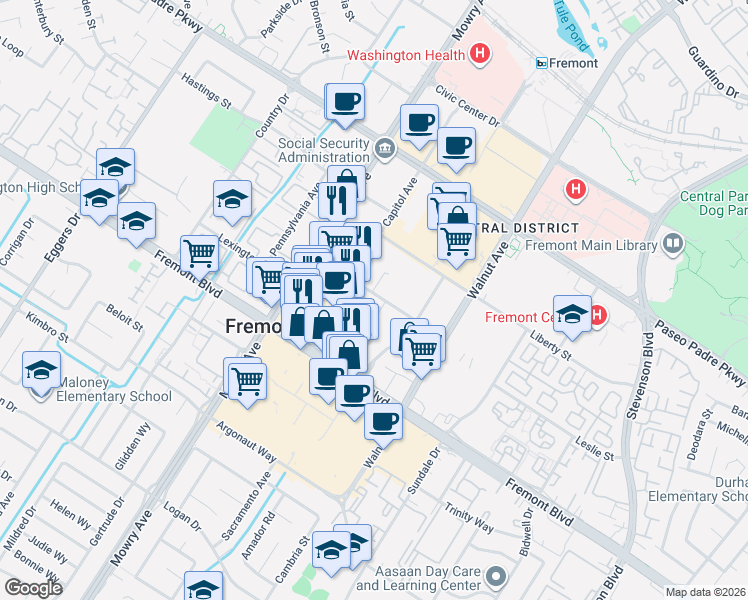 map of restaurants, bars, coffee shops, grocery stores, and more near 39185 State Street in Fremont