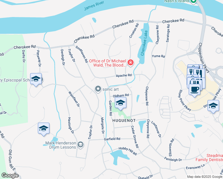map of restaurants, bars, coffee shops, grocery stores, and more near 3919 Garden Road in Richmond