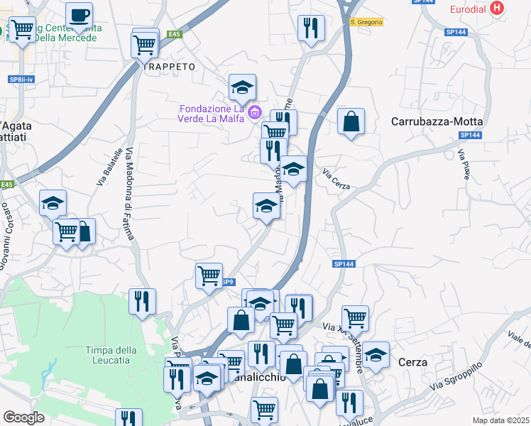 map of restaurants, bars, coffee shops, grocery stores, and more near 64 Via Madonna delle Lacrime in San Giovanni La Punta