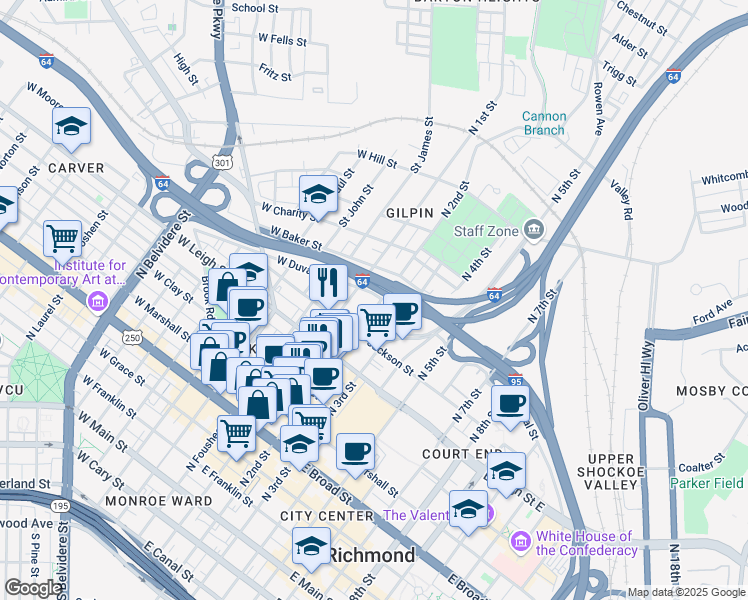 map of restaurants, bars, coffee shops, grocery stores, and more near 744 North 2nd Street in Richmond