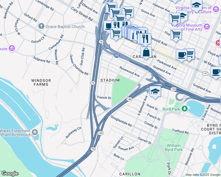 map of restaurants, bars, coffee shops, grocery stores, and more near 704 Freeman Road in Richmond