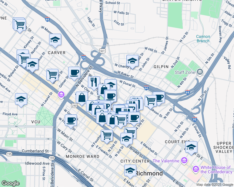 map of restaurants, bars, coffee shops, grocery stores, and more near 600 Chamberlayne Parkway in Richmond