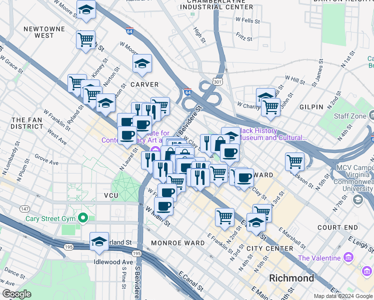 map of restaurants, bars, coffee shops, grocery stores, and more near 405 North Henry Street in Richmond