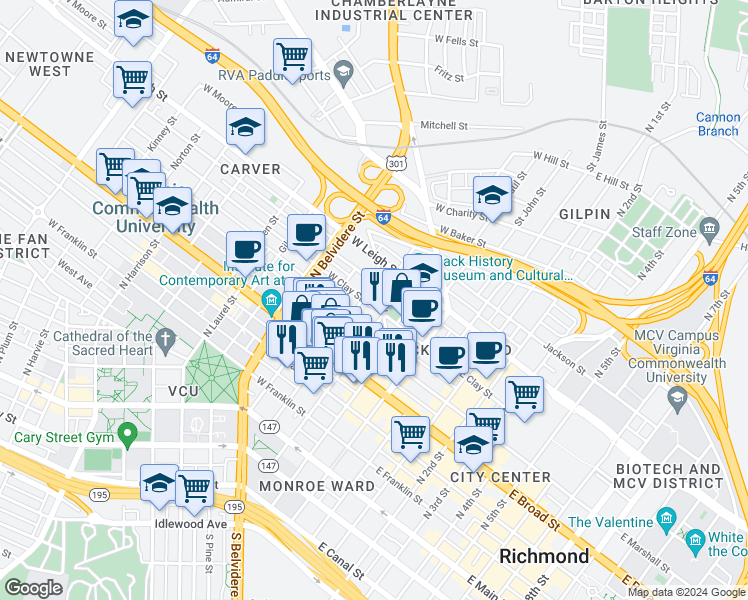 map of restaurants, bars, coffee shops, grocery stores, and more near 308 West Clay Street in Richmond