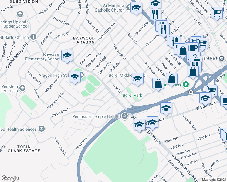 map of restaurants, bars, coffee shops, grocery stores, and more near 1235 Alameda de las Pulgas in San Mateo