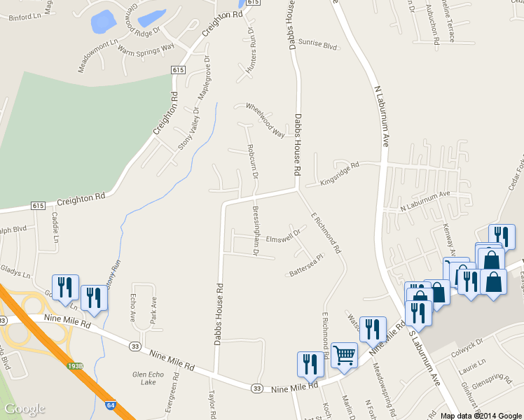 map of restaurants, bars, coffee shops, grocery stores, and more near 517 Bressingham Drive in Richmond