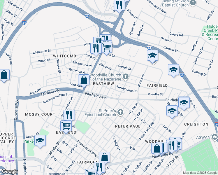 map of restaurants, bars, coffee shops, grocery stores, and more near 1900 North 20th Street in Richmond