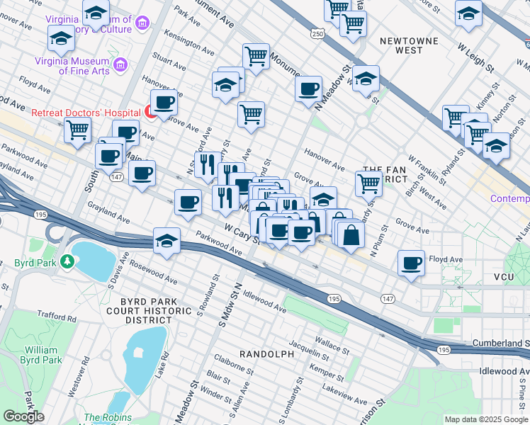 map of restaurants, bars, coffee shops, grocery stores, and more near 4 North Meadow Street in Richmond