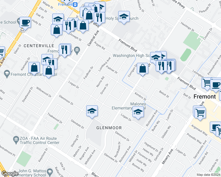 map of restaurants, bars, coffee shops, grocery stores, and more near 4355 Mattos Drive in Fremont