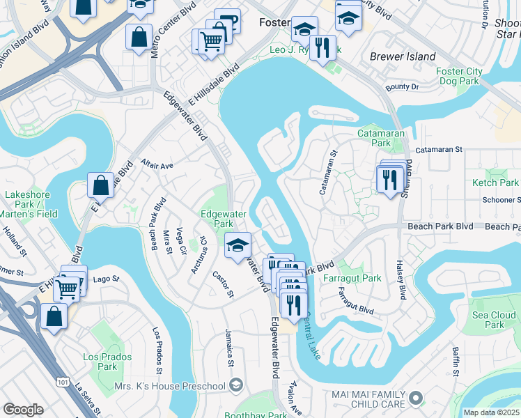 map of restaurants, bars, coffee shops, grocery stores, and more near 824 Andromeda Lane in Foster City