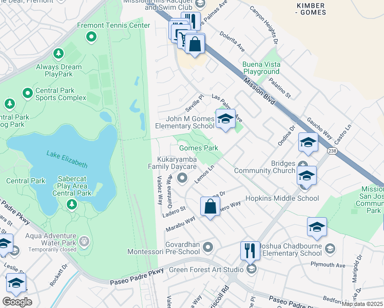 map of restaurants, bars, coffee shops, grocery stores, and more near 40576 Ambar Pl in Fremont