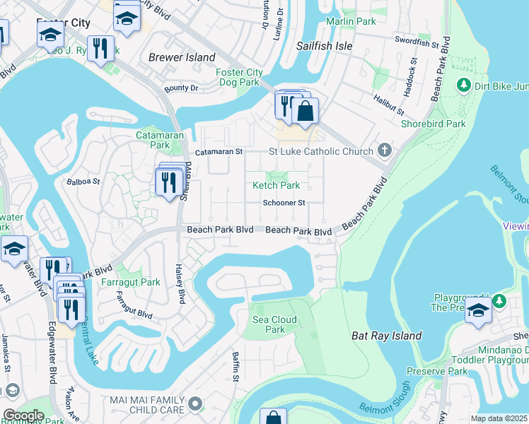 map of restaurants, bars, coffee shops, grocery stores, and more near 311 Mainsail Court in Foster City