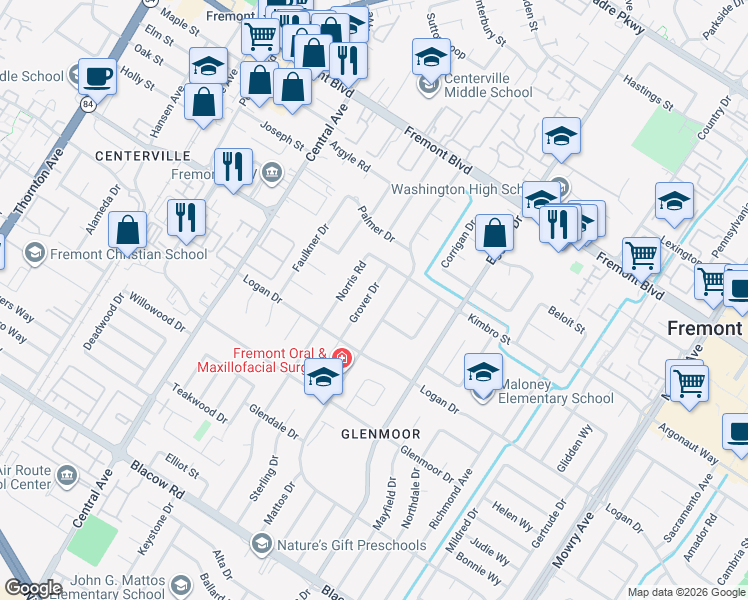 map of restaurants, bars, coffee shops, grocery stores, and more near 4355 Mattos Drive in Fremont