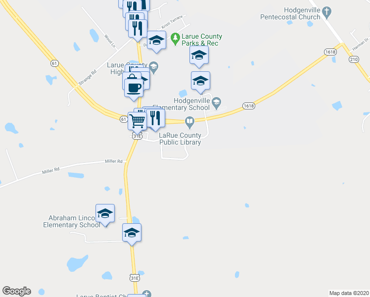 map of restaurants, bars, coffee shops, grocery stores, and more near Railsplitter Road in Hodgenville
