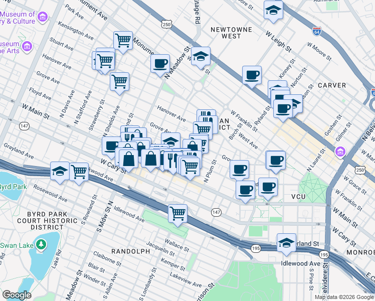 map of restaurants, bars, coffee shops, grocery stores, and more near 104 North Vine Street in Richmond