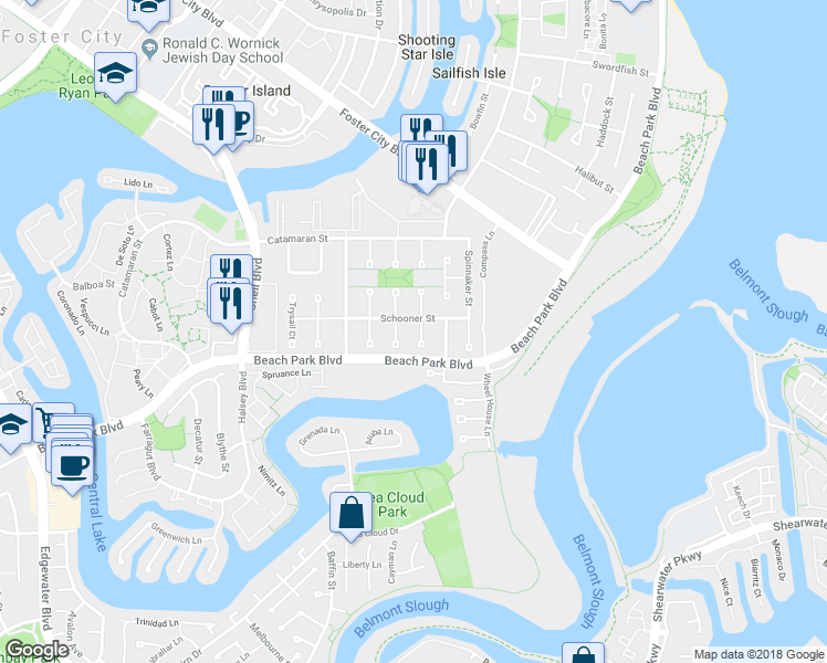 map of restaurants, bars, coffee shops, grocery stores, and more near 310 Staysail Court in Foster City
