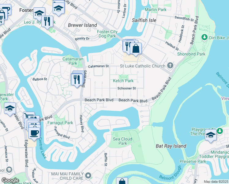 map of restaurants, bars, coffee shops, grocery stores, and more near 311 Mainsail Court in Foster City