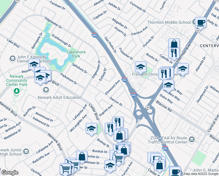 map of restaurants, bars, coffee shops, grocery stores, and more near 5155 Elmwood Avenue in Newark