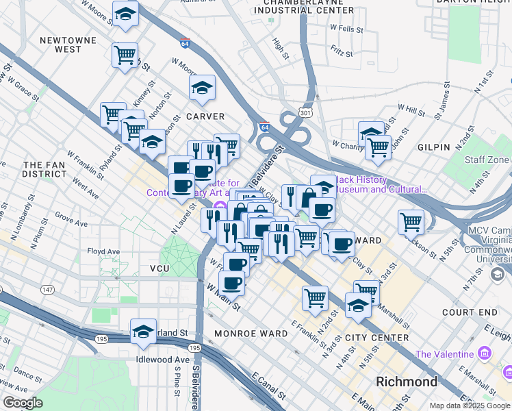 map of restaurants, bars, coffee shops, grocery stores, and more near 504 1/2 West Marshall Street in Richmond