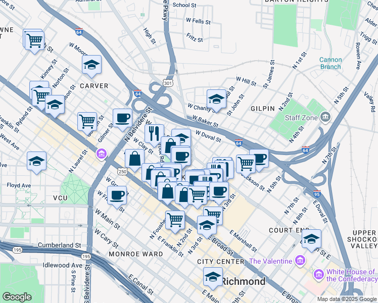 map of restaurants, bars, coffee shops, grocery stores, and more near 100 West Leigh Street in Richmond