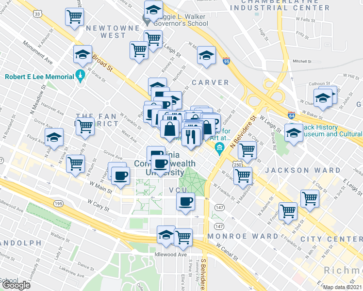 map of restaurants, bars, coffee shops, grocery stores, and more near 835 West Grace Street in Richmond