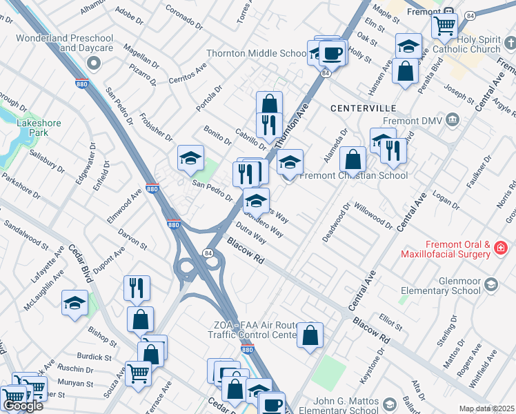 map of restaurants, bars, coffee shops, grocery stores, and more near 37063 Towers Way in Fremont