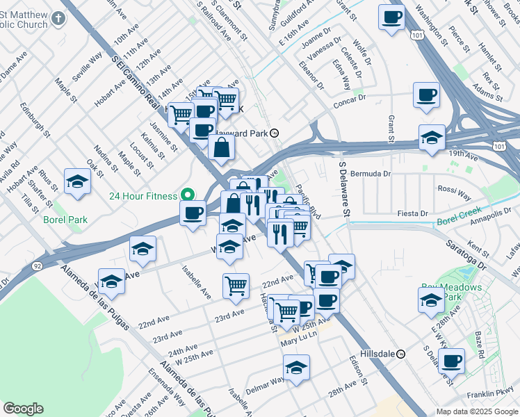 map of restaurants, bars, coffee shops, grocery stores, and more near 1932 Ivy Street in San Mateo