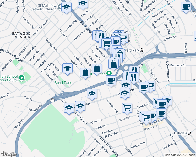 map of restaurants, bars, coffee shops, grocery stores, and more near 155 Bovet Road in San Mateo