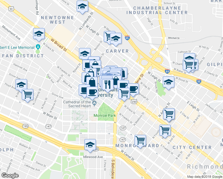 map of restaurants, bars, coffee shops, grocery stores, and more near 308 North Laurel Street in Richmond