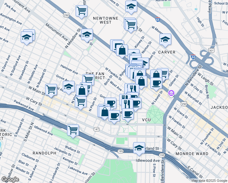 map of restaurants, bars, coffee shops, grocery stores, and more near in Richmond