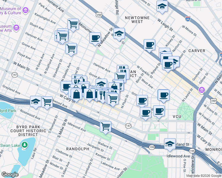 map of restaurants, bars, coffee shops, grocery stores, and more near 104 North Vine Street in Richmond