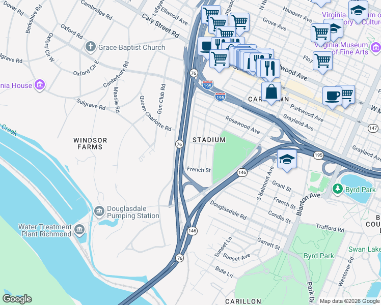 map of restaurants, bars, coffee shops, grocery stores, and more near 706 South Nansemond Street in Richmond