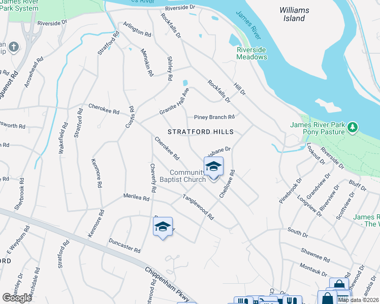 map of restaurants, bars, coffee shops, grocery stores, and more near 7660 Cherokee Road in Richmond