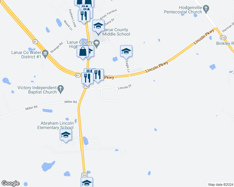 map of restaurants, bars, coffee shops, grocery stores, and more near Railsplitter Road in Hodgenville