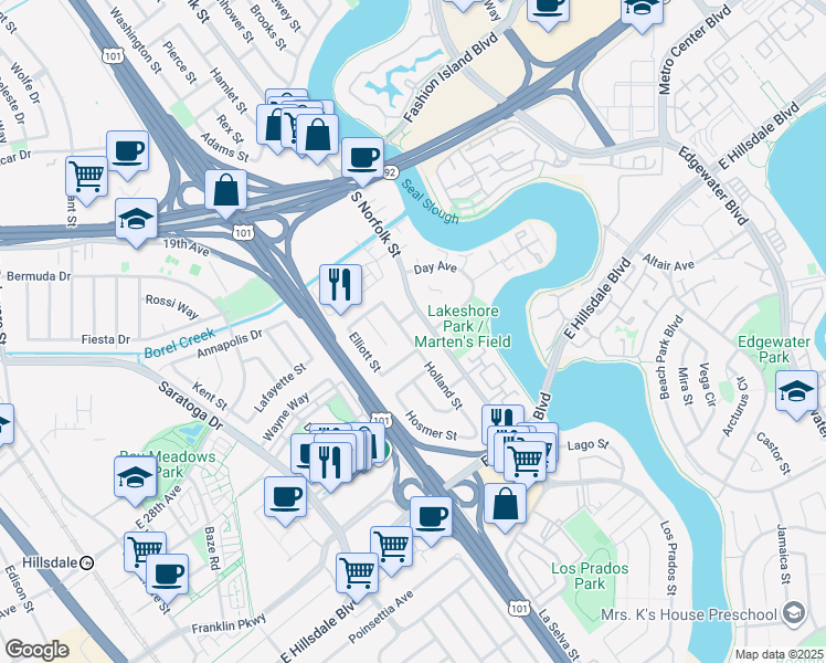 map of restaurants, bars, coffee shops, grocery stores, and more near 2427 Holland Street in San Mateo