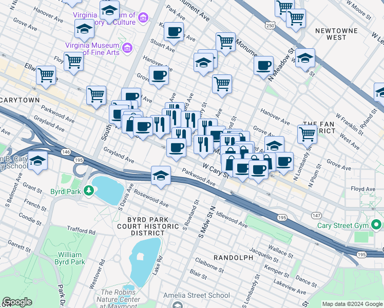 map of restaurants, bars, coffee shops, grocery stores, and more near 2217 Uptown Alley in Richmond