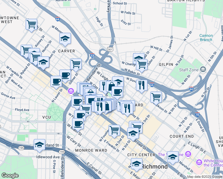 map of restaurants, bars, coffee shops, grocery stores, and more near 200 W Clay St in Richmond