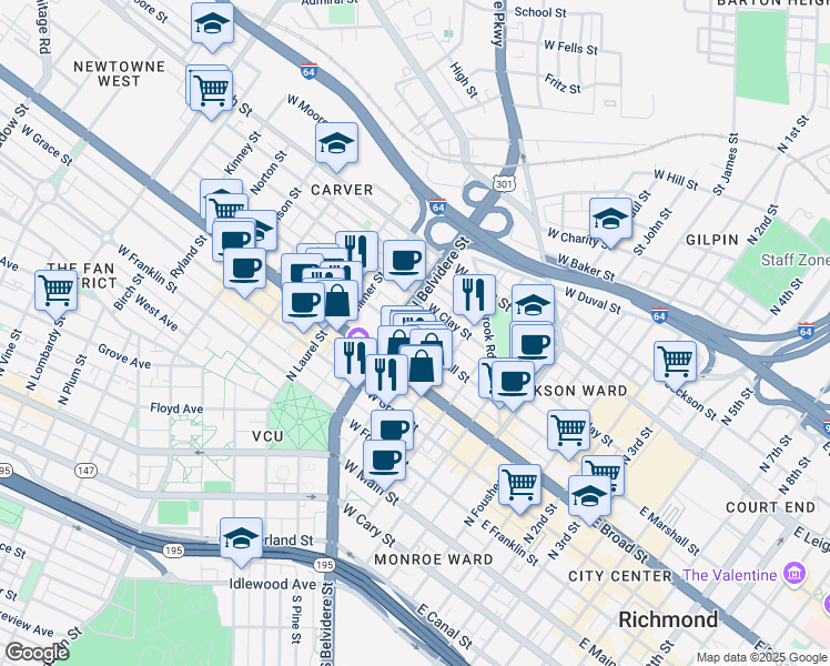 map of restaurants, bars, coffee shops, grocery stores, and more near 510 West Marshall Street in Richmond