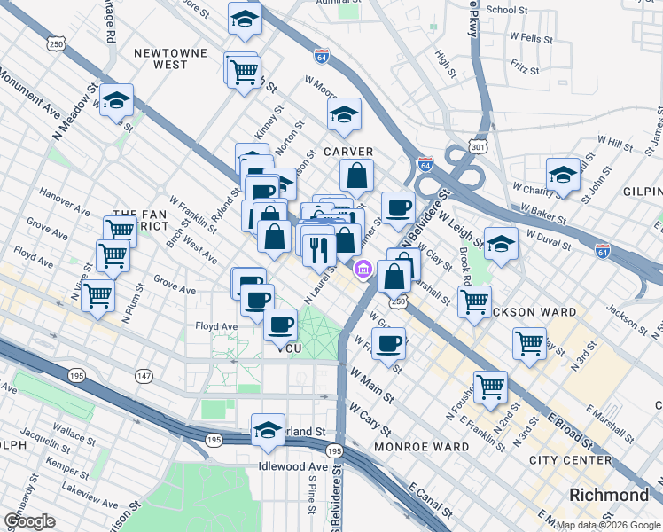 map of restaurants, bars, coffee shops, grocery stores, and more near 308 North Laurel Street in Richmond