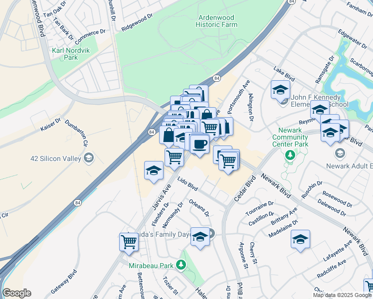 map of restaurants, bars, coffee shops, grocery stores, and more near 6193 Jarvis Avenue in Newark