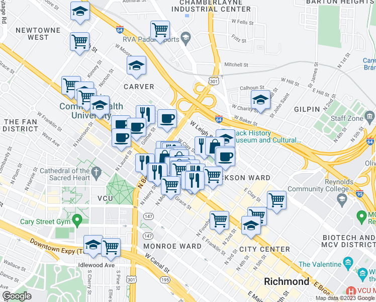 map of restaurants, bars, coffee shops, grocery stores, and more near 409 West Clay Street in Richmond