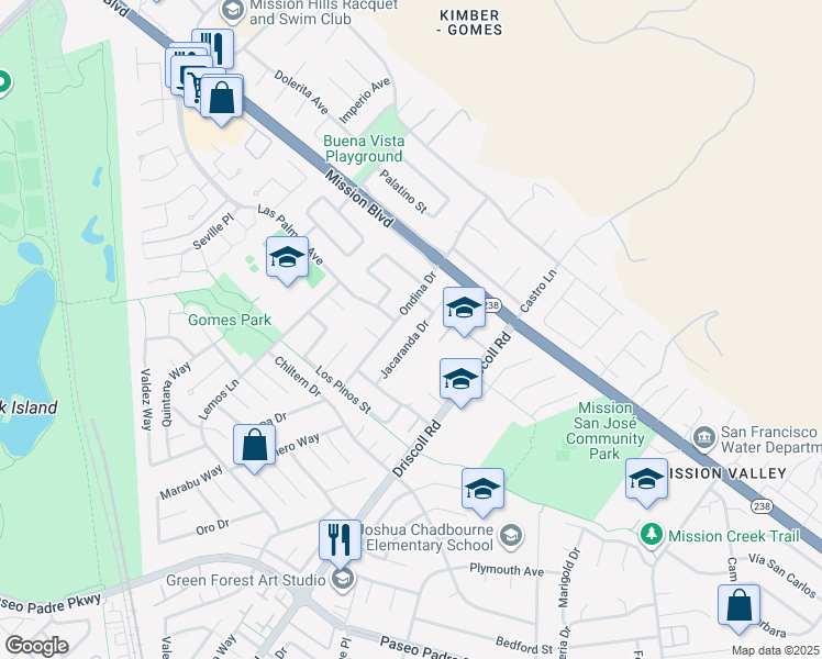 map of restaurants, bars, coffee shops, grocery stores, and more near 375 Jacaranda Drive in Fremont