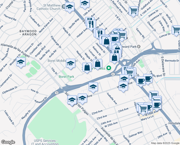 map of restaurants, bars, coffee shops, grocery stores, and more near 1777 Borel Pl in San Mateo
