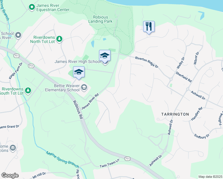 map of restaurants, bars, coffee shops, grocery stores, and more near 13706 Rivermist Road in Midlothian