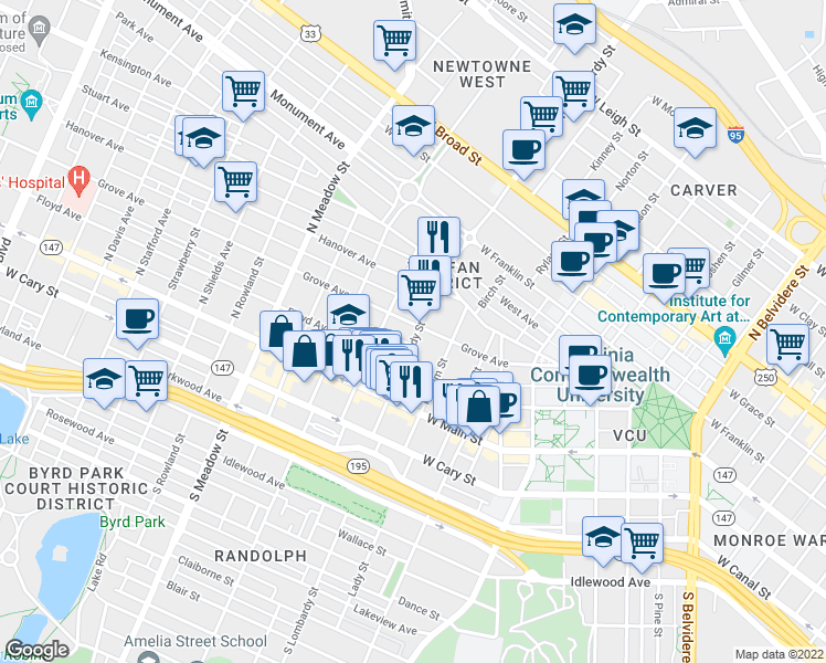 map of restaurants, bars, coffee shops, grocery stores, and more near 1603 Grove Avenue in Richmond