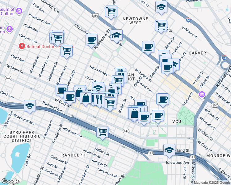 map of restaurants, bars, coffee shops, grocery stores, and more near 1605 Grove Avenue in Richmond