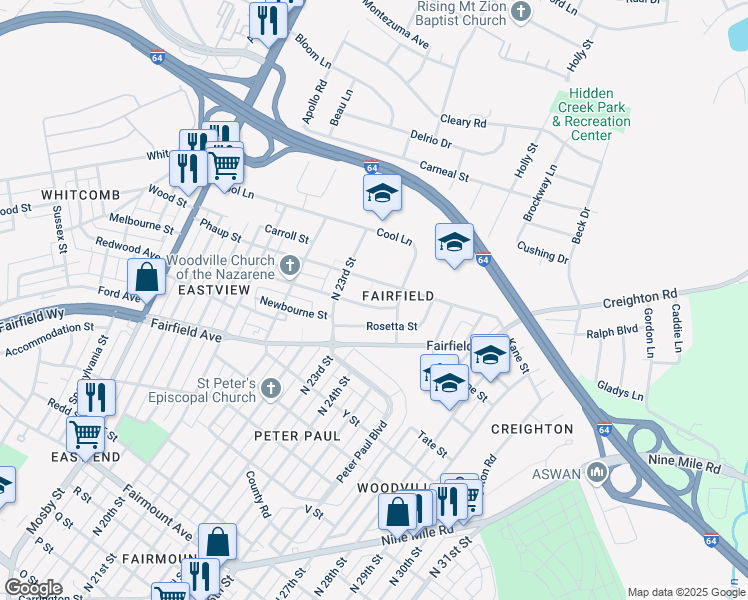map of restaurants, bars, coffee shops, grocery stores, and more near 2348 Selden Street in Richmond