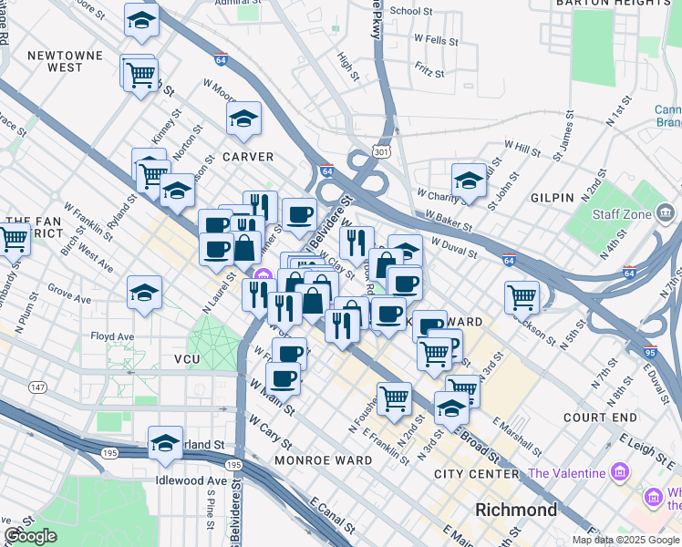 map of restaurants, bars, coffee shops, grocery stores, and more near 407 North Henry Street in Richmond