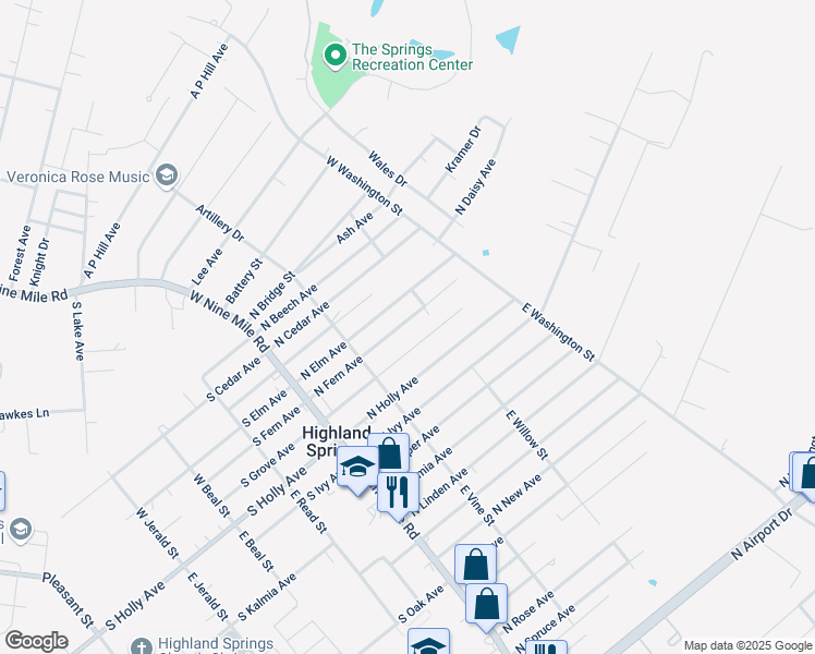 map of restaurants, bars, coffee shops, grocery stores, and more near 125 North Fern Avenue in Highland Springs
